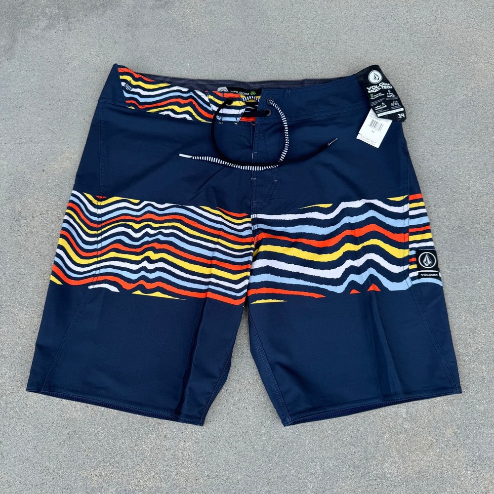 Volcom Mod-Tech Board Shorts Mens 34‎ Navy Blue Stripe 4-Way Stretch NEW